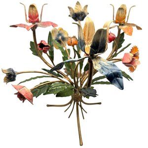 Italian Toleware Floral Bouquet 3 Candle Holder Painted Metal Artisan 50s-60s